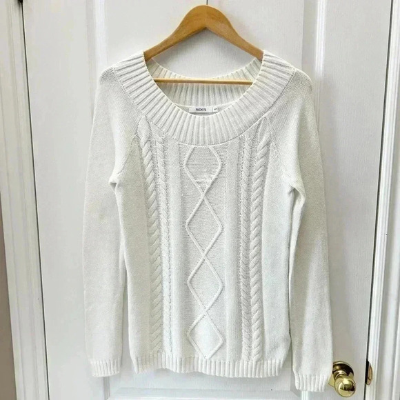 Ricki’s Cable Knit Sweater Boat Neck Cotton Pullover Ivory Size Small - Picture 2 of 14